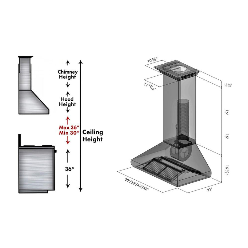 ZLINE 30 in. Professional Convertible Vent Wall Mount Range Hood in Stainless Steel with Crown Molding (587CRN-30) dimensional diagram.
