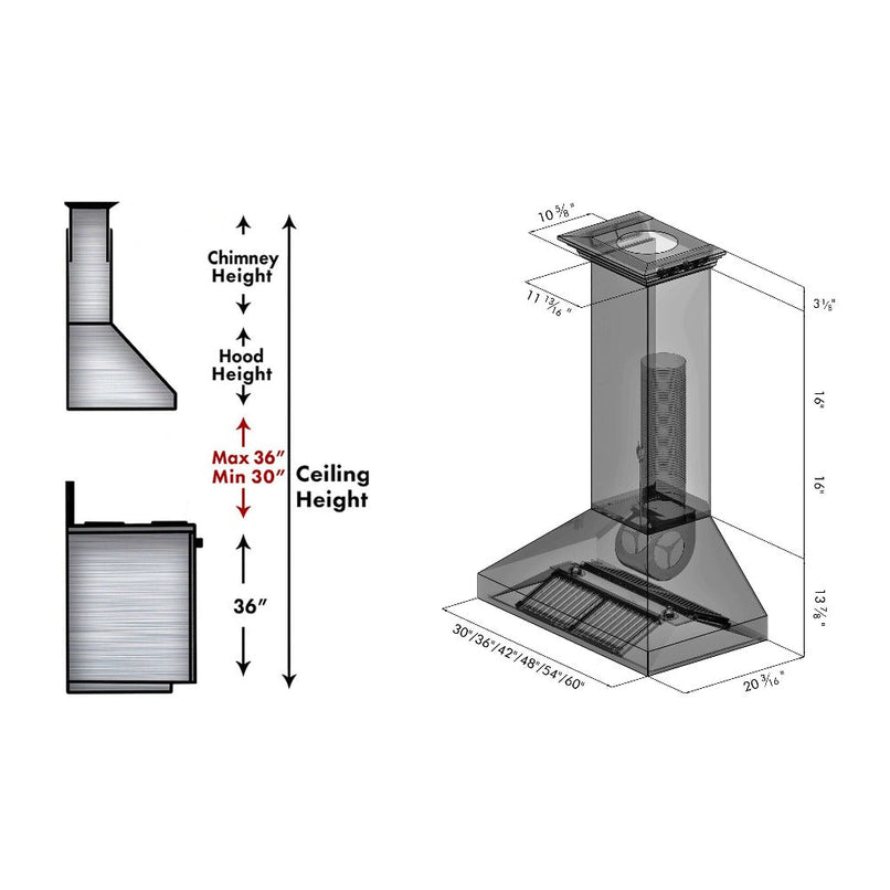 ZLINE 48 in. Professional Convertible Vent Wall Mount Range Hood in Stainless Steel with Crown Molding (597CRN-48) dimensional diagram.