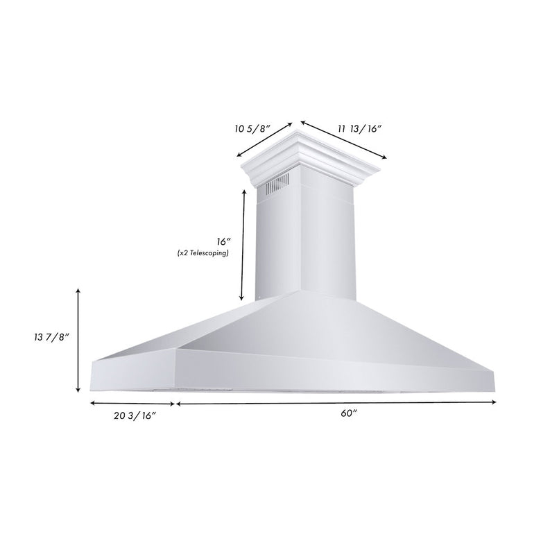 ZLINE 60 in. Professional Convertible Vent Wall Mount Range Hood in Stainless Steel with Crown Molding (597CRN-60) dimensional diagram.