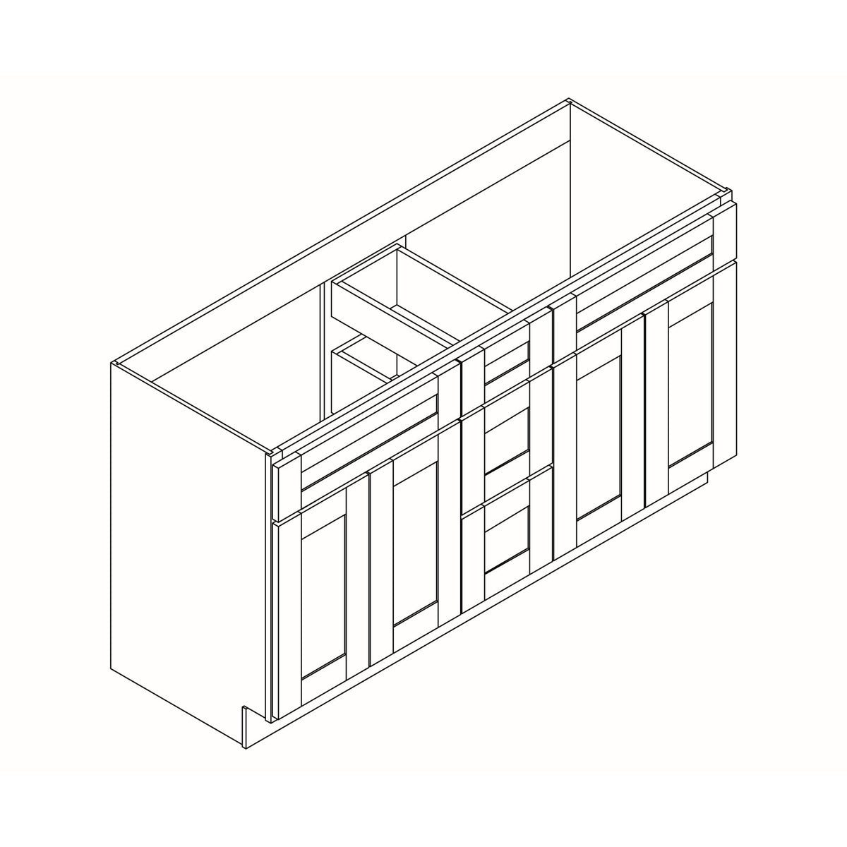 Oak Shaker Black Vanity 60" - 3 Drawers Center -4D Side