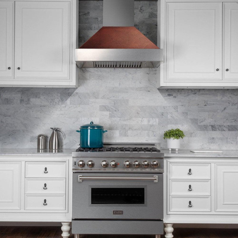 ZLINE 30 in. Ducted Satin Stainless Steel Wall Mount Range Hood with Hand-Hammered Copper Shell (8654HH-30)