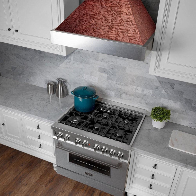 ZLINE 36 in. Ducted Satin Stainless Steel Wall Mount Range Hood with Hand-Hammered Copper Shell (8654HH-36)
