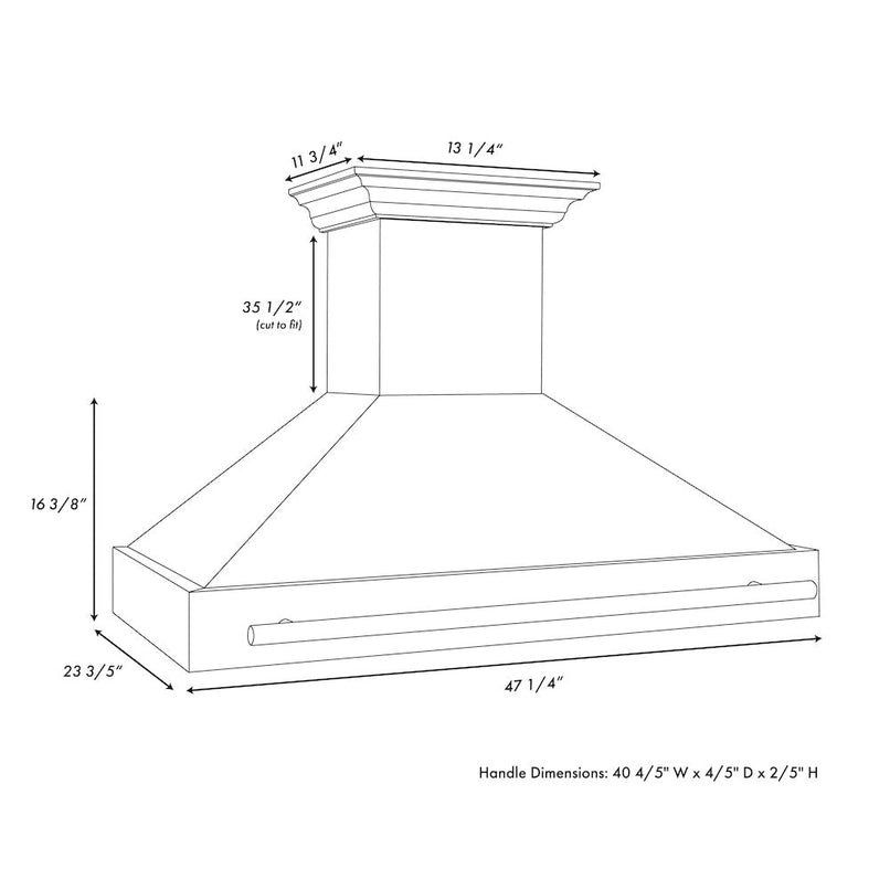 ZLINE Autograph Edition 48 in. Satin Stainless Steel Wall Mount Range Hood with White Matte Shell and Champagne Bronze Handle (8654SNZ-WM48-CB) dimensional diagram.