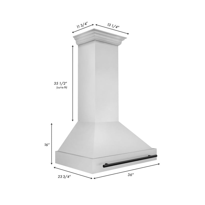 ZLINE Autograph Edition 36 in. Stainless Steel Range Hood with Stainless Steel Shell and Matte Black Handle (8654STZ-36-MB) dimensional diagram.