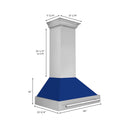 ZLINE 36 in. Stainless Steel Range Hood with Blue Gloss Shell and Stainless Steel Handle (8654STX-BG-36) dimensional diagram.