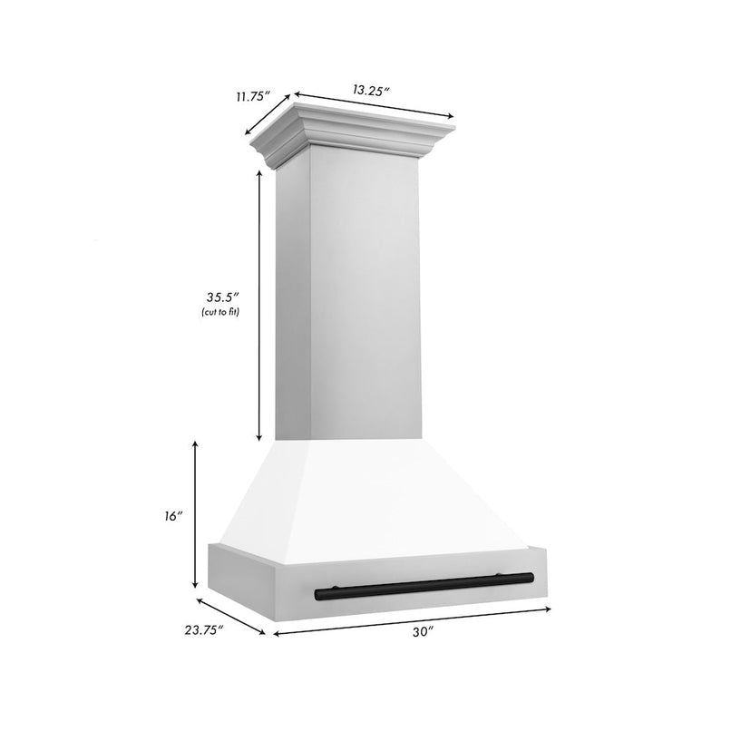 ZLINE Autograph Edition 30 in. Stainless Steel Range Hood with White Matte Shell and Matte Black Handle (8654STZ-WM30-MB) dimensional diagram.