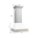 ZLINE Autograph Edition 30 in. Stainless Steel Range Hood with White Matte Shell and Polished Gold Handle dimensional diagram.