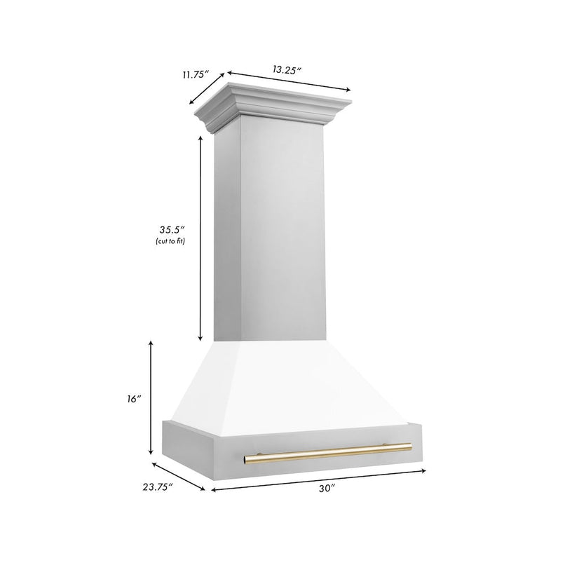ZLINE Autograph Edition 30 in. Stainless Steel Range Hood with White Matte Shell and Polished Gold Handle dimensional diagram.