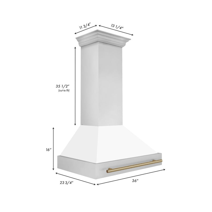 ZLINE Autograph Edition 36 in. Stainless Steel Range Hood with White Matte Shell and Champagne Bronze Handle (8654STZ-WM36-CB) dimensional diagram.