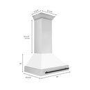 ZLINE Autograph Edition 36 in. Stainless Steel Range Hood with White Matte Shell and Matte Black Handle (8654STZ-WM36-MB) dimensional diagram.