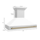 ZLINE Autograph Edition 48 in. Stainless Steel Range Hood with White Matte Shell and Champagne Bronze Handle (8654STZ-WM48-CB) dimensional diagram.