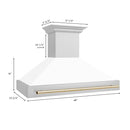 ZLINE Autograph Edition 48 in. Stainless Steel Range Hood with White Matte Shell and Polished Gold Handle (8654STZ-WM48-G) dimensional diagram.