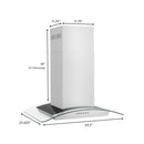 ZLINE 30 in. Alpine Series Convertible Island Mount Range Hood in Stainless Steel and Glass (ALP70IS-30) dimensional diagram.