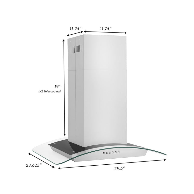 ZLINE 30 in. Alpine Series Convertible Island Mount Range Hood in Stainless Steel and Glass (ALP70IS-30) dimensional diagram.
