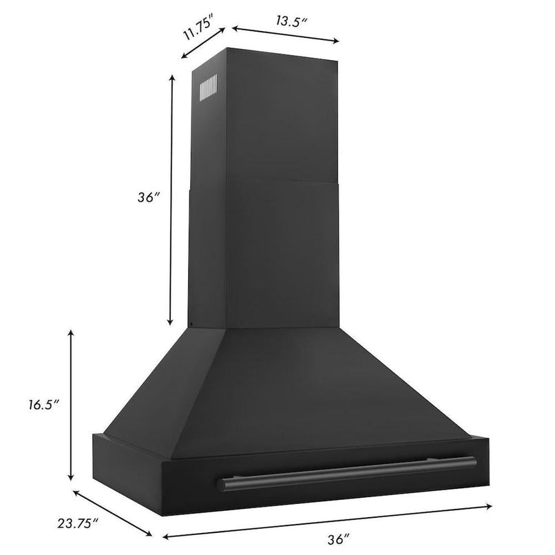 ZLINE 36 in. Black Stainless Steel Range Hood with Black Stainless Steel Handle (BS655-36-BS) dimensional diagram.