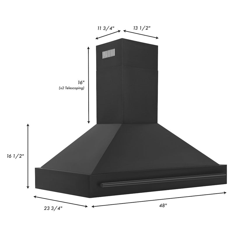 ZLINE 48 in. Black Stainless Steel Range Hood with Black Stainless Steel Handle (BS655-48-BS) dimensional diagram.