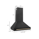 ZLINE 36 in. Black Stainless Steel Range Hood with Polished Gold Handle (BS655Z-36-G) dimensional diagram.
