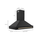 ZLINE 48 in. Black Stainless Steel Range Hood with Polished Gold Handle (BS655Z-48-G) dimensional diagram.