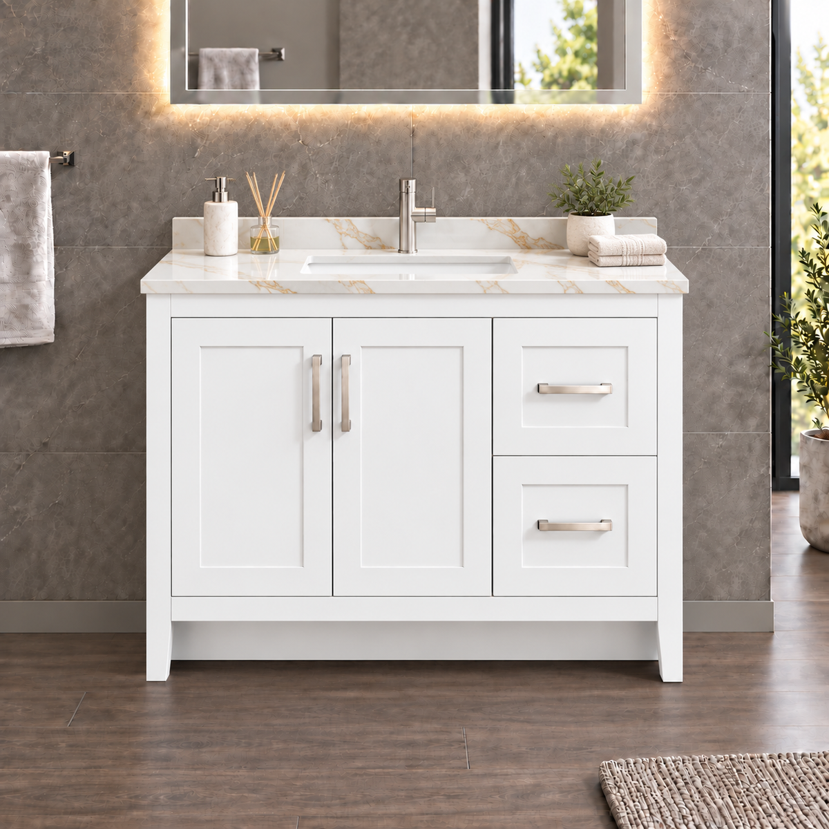 White Shaker Vanity 36" - 2 Doors - 2 Drawers Right
