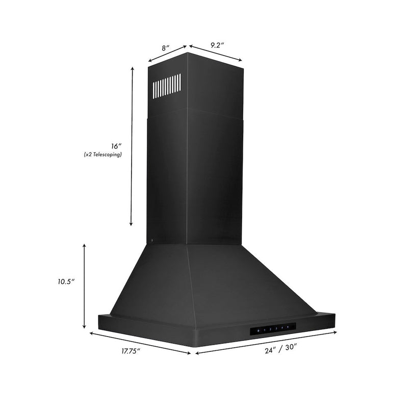 ZLINE 24 in. Convertible Vent Wall Mount Range Hood in Black Stainless Steel (BSKBN-24) dimensional diagram.