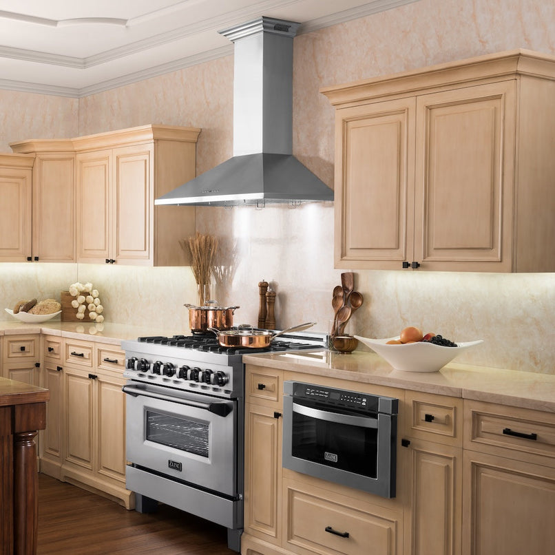 ZLINE 48 in. CrownSound™ Ducted Vent Wall Mount Range Hood in Stainless Steel with Built-in Bluetooth Speakers (KL2CRN-BT-48) in a farmhouse-style kitchen.