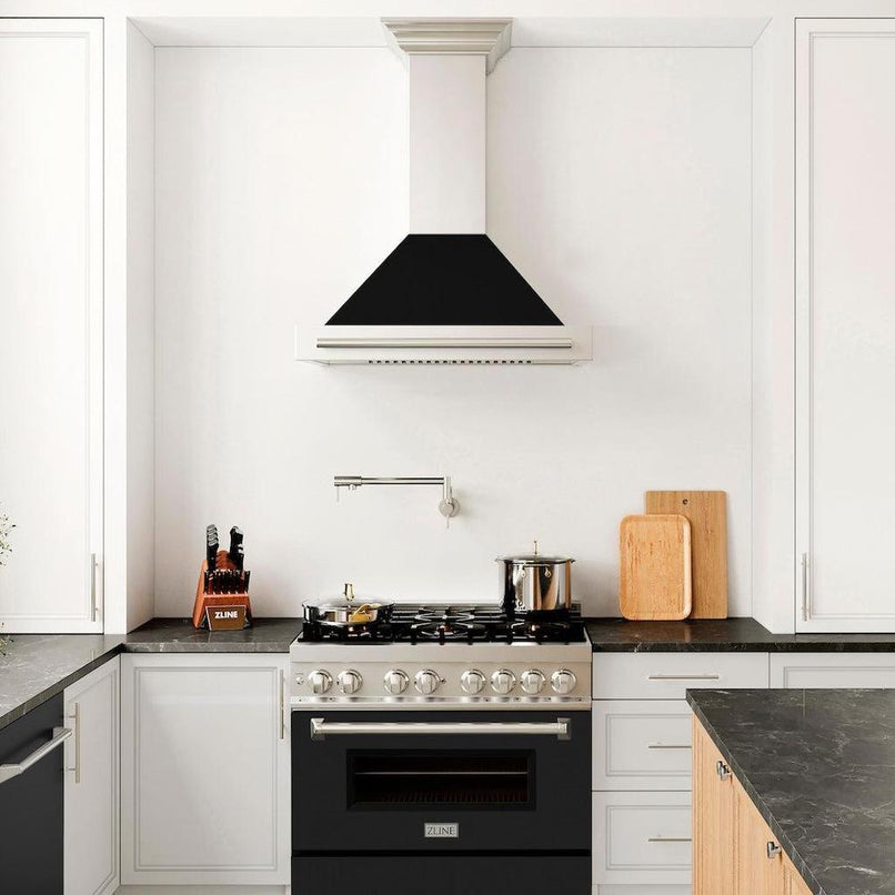 ZLINE 36 in. Convertible Stainless Steel Range Hood with Black Matte Shell and Stainless Steel Handle (KB4STX-BLM-36) in a luxury kitchen.