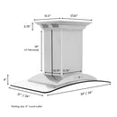 ZLINE 30 in. CrownSound™ Ducted Vent Island Mount Range Hood in Stainless Steel and Glass with Built-in Bluetooth Speakers (GL9iCRN-BT-30) dimensional diagram.