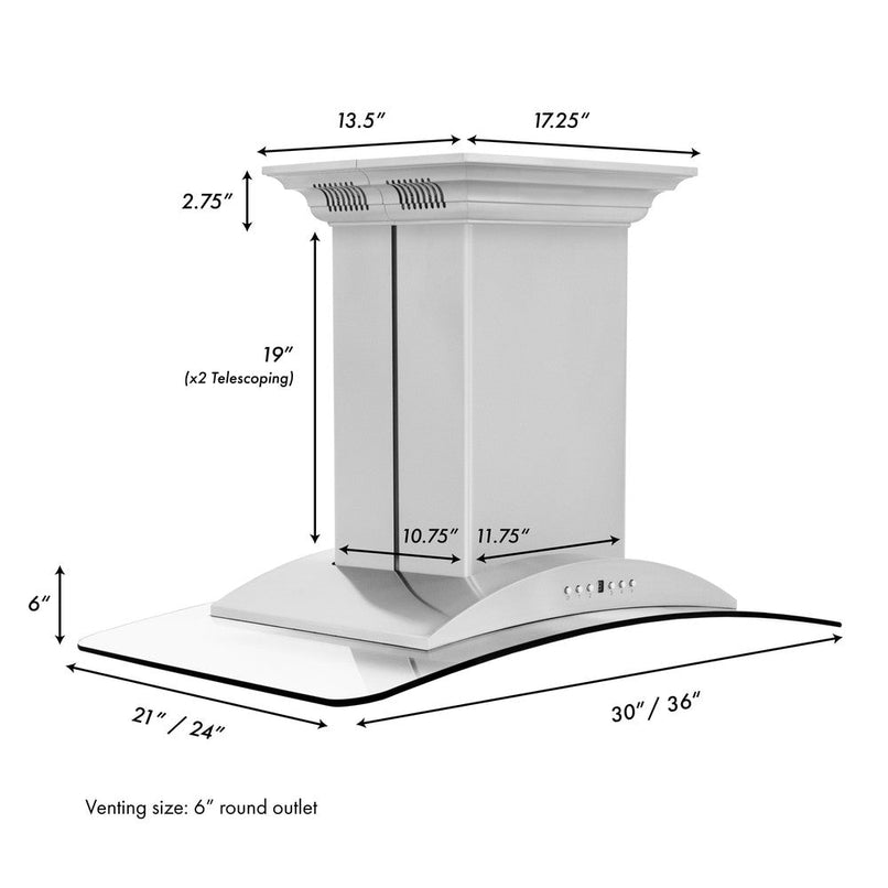 ZLINE 30 in. CrownSound™ Ducted Vent Island Mount Range Hood in Stainless Steel and Glass with Built-in Bluetooth Speakers (GL9iCRN-BT-30) dimensional diagram.