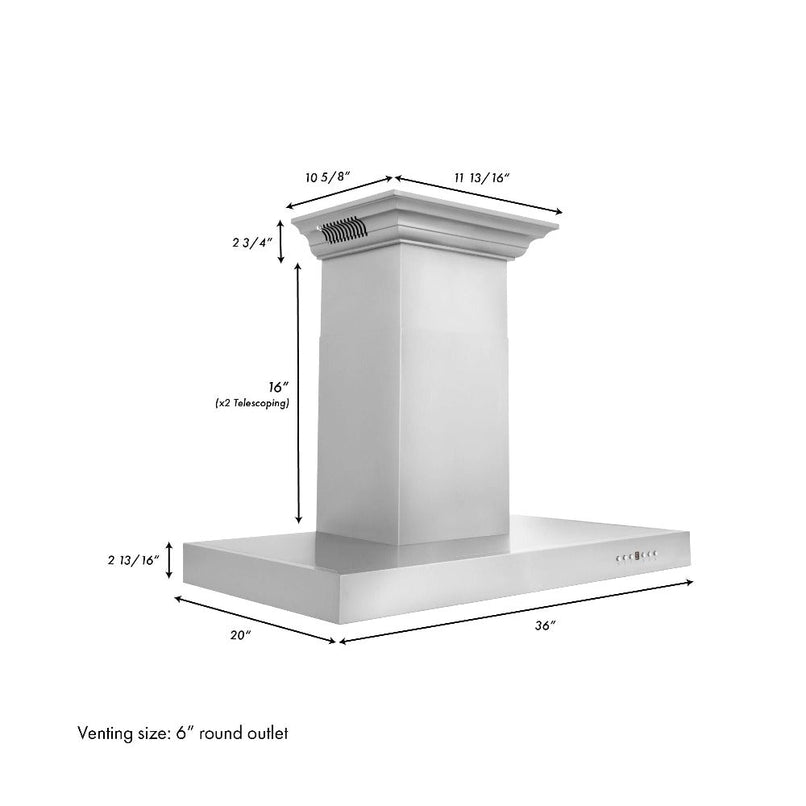 ZLINE 36 in. CrownSound™ Ducted Vent Wall Mount Range Hood in Stainless Steel with Built-in Bluetooth Speakers (KECRN-BT-36) dimensional diagram.
