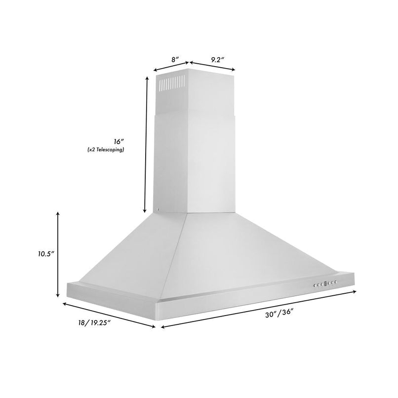 ZLINE 36 in. Convertible Vent Wall Mount Range Hood in Stainless Steel (KB-36) dimensional diagram.