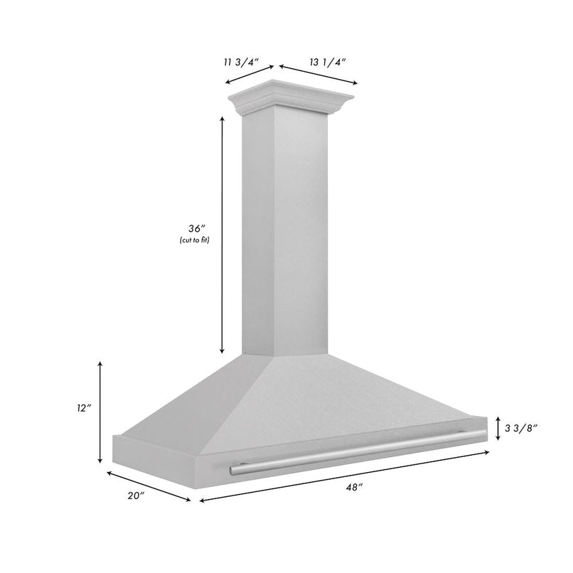 ZLINE 48 in. Convertible Satin Stainless Steel Wall Mount Range Hood with Stainless Steel Handle (KB4SNX-48) dimensional diagram.