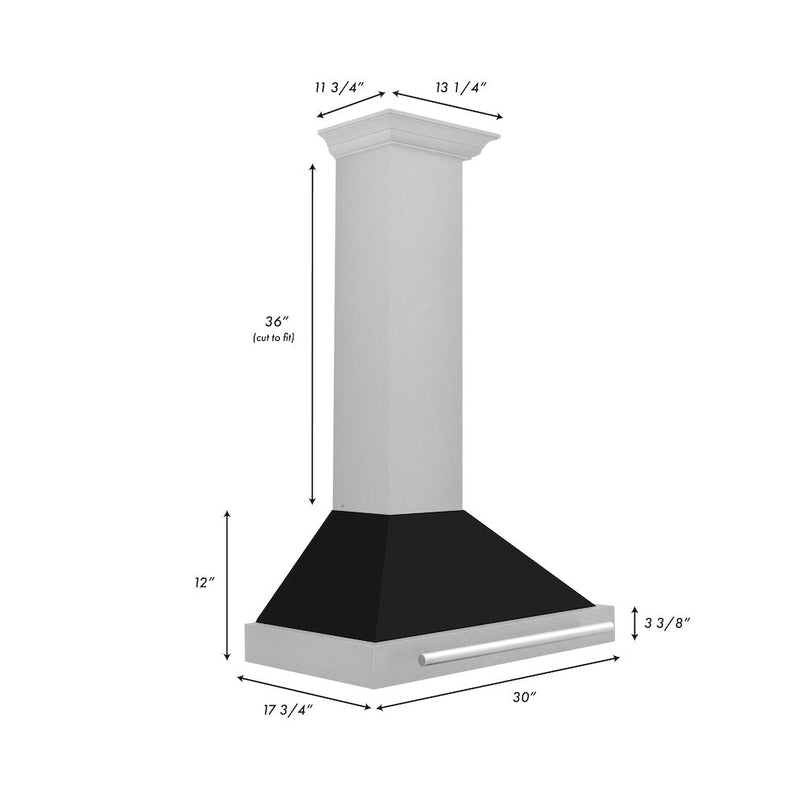 ZLINE 30 in. Convertible Satin Stainless Steel Wall Mount Range Hood with Black Matte Shell and Stainless Steel Handle (KB4SNX-BLM-30) dimensional diagram.