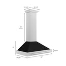ZLINE 36 in. Convertible Satin Stainless Steel Wall Mount Range Hood with Black Matte Shell and Stainless Steel Handle (KB4SNX-BLM-36) dimensional diagram.