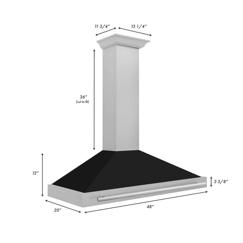 ZLINE 48 in. Convertible Satin Stainless Steel Wall Mount Range Hood with Black Matte Shell and Stainless Steel Handle (KB4SNX-BLM-48) dimensional diagram.