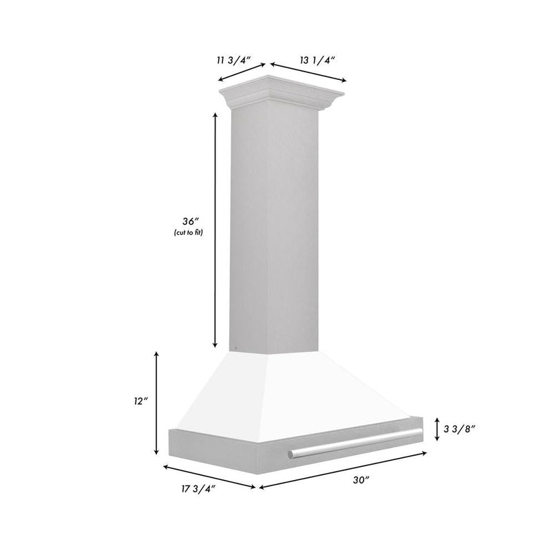 ZLINE 30 in. Convertible Satin Stainless Steel Wall Mount Range Hood with White Matte Shell and Stainless Steel Handle (KB4SNX-WM-30) dimensional diagram.