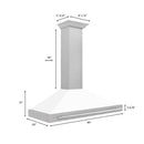 ZLINE 48 in. Convertible Satin Stainless Steel Wall Mount Range Hood with White Matte Shell and Stainless Steel Handle (KB4SNX-WM-48) dimensional diagram.