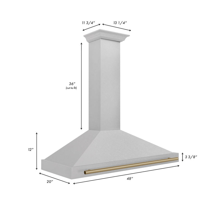 ZLINE Autograph Edition 48 in. Convertible Satin Stainless Steel Wall Mount Range Hood with Champagne Bronze Handle (KB4SNZ-48-CB) dimensional diagram.