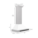 ZLINE Autograph Edition 30 in. Convertible Satin Stainless Steel Wall Mount Range Hood with White Matte Shell and Matte Black Handle (KB4SNZ-WM30-MB) dimensional diagram.