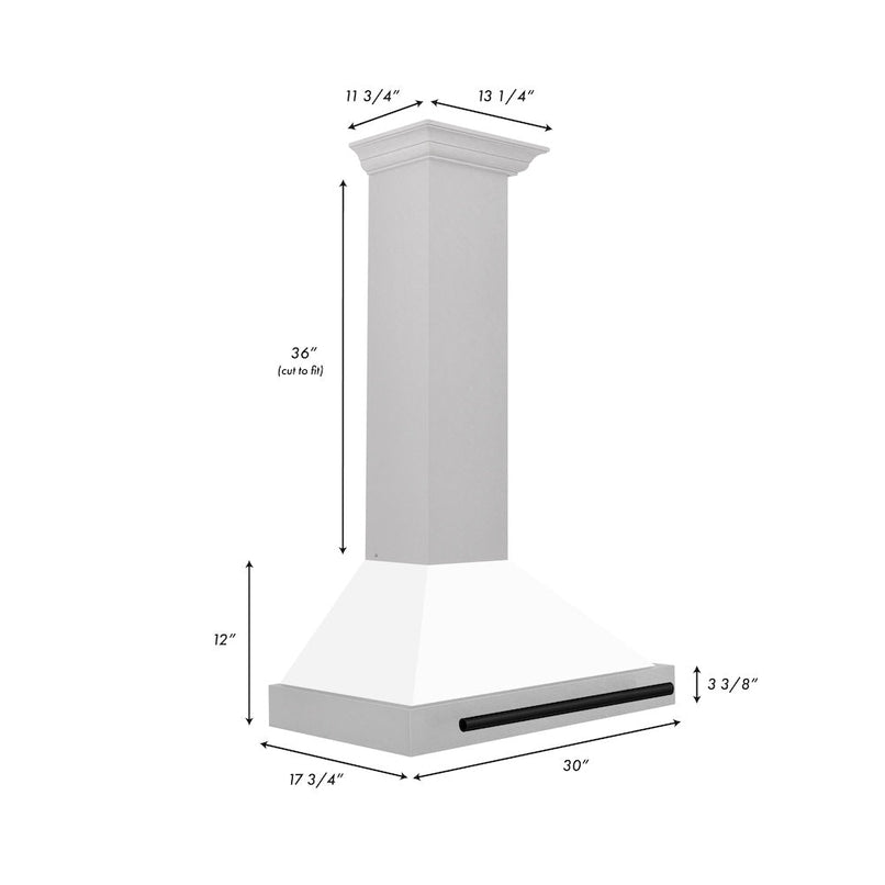 ZLINE Autograph Edition 30 in. Convertible Satin Stainless Steel Wall Mount Range Hood with White Matte Shell and Matte Black Handle (KB4SNZ-WM30-MB) dimensional diagram.