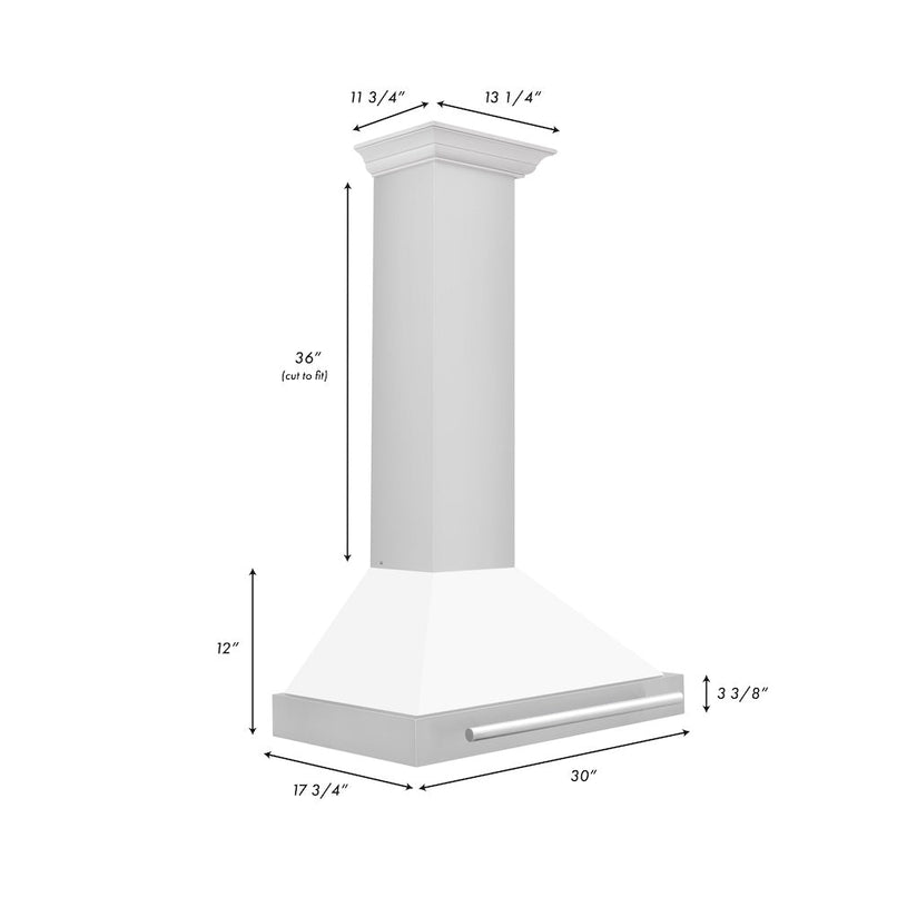 ZLINE 30 in. Convertible Stainless Steel Range Hood with White Matte Shell and Stainless Steel Handle (KB4STX-WM-30) dimensional diagram.