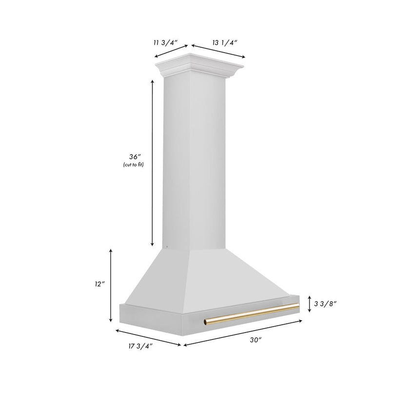 ZLINE Autograph Edition 30 in. Convertible Stainless Steel Range Hood with Stainless Steel Shell and Polished Gold Accents (KB4STZ-30-G) dimensional diagram.