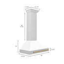 ZLINE Autograph Edition 30 in. Convertible Stainless Steel Range Hood with White Matte Shell and Champagne Bronze Accents (KB4STZ-WM30-CB) dimensional diagram.