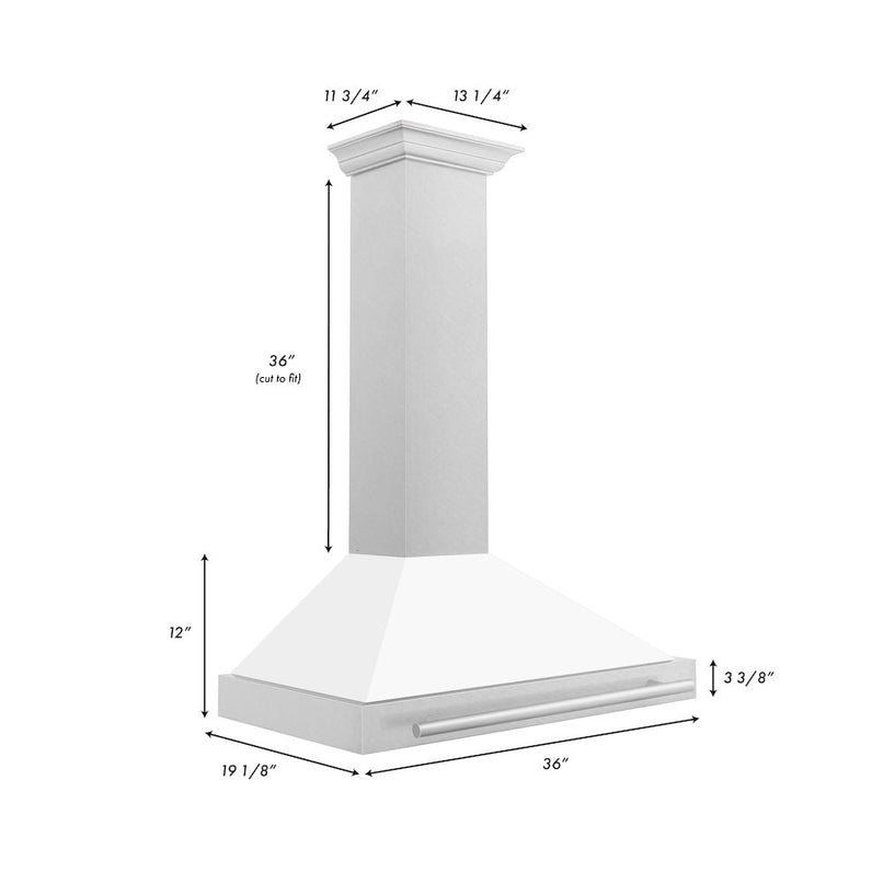 ZLINE 36 in. Convertible Satin Stainless Steel Wall Mount Range Hood with White Matte Shell and Stainless Steel Handle (KB4SNX-WM-36) dimensional diagram.