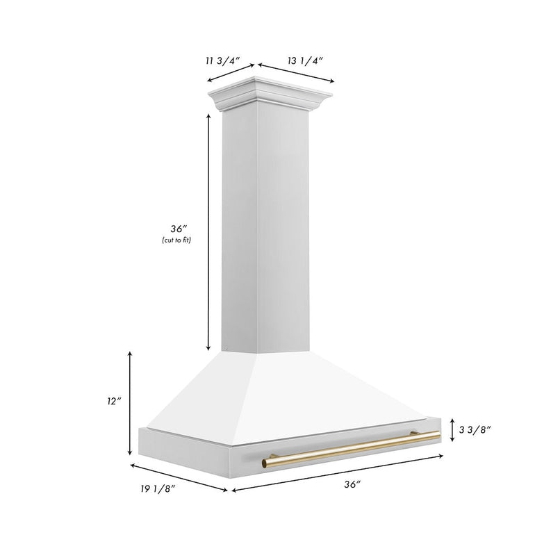 ZLINE Autograph Edition 36 in. Convertible Stainless Steel Range Hood with White Matte Shell and Polished Gold Accents (KB4STZ-WM36-G) dimensional diagram.
