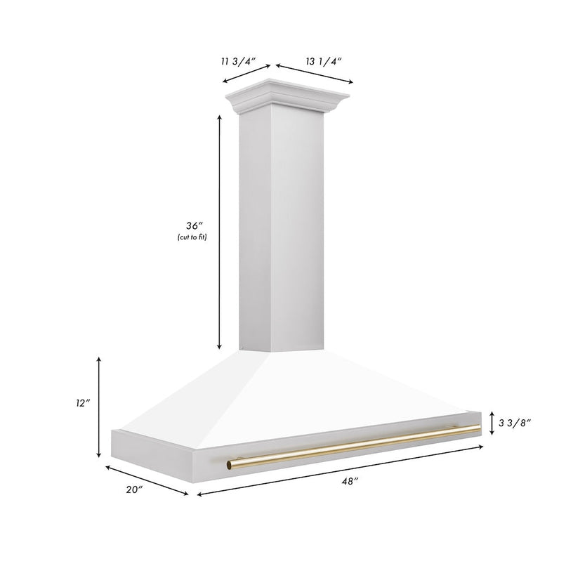 ZLINE Autograph Edition 48 in. Convertible Stainless Steel Range Hood with White Matte Shell and Polished Gold Accents (KB4STZ-WM48-G) dimensional diagram.