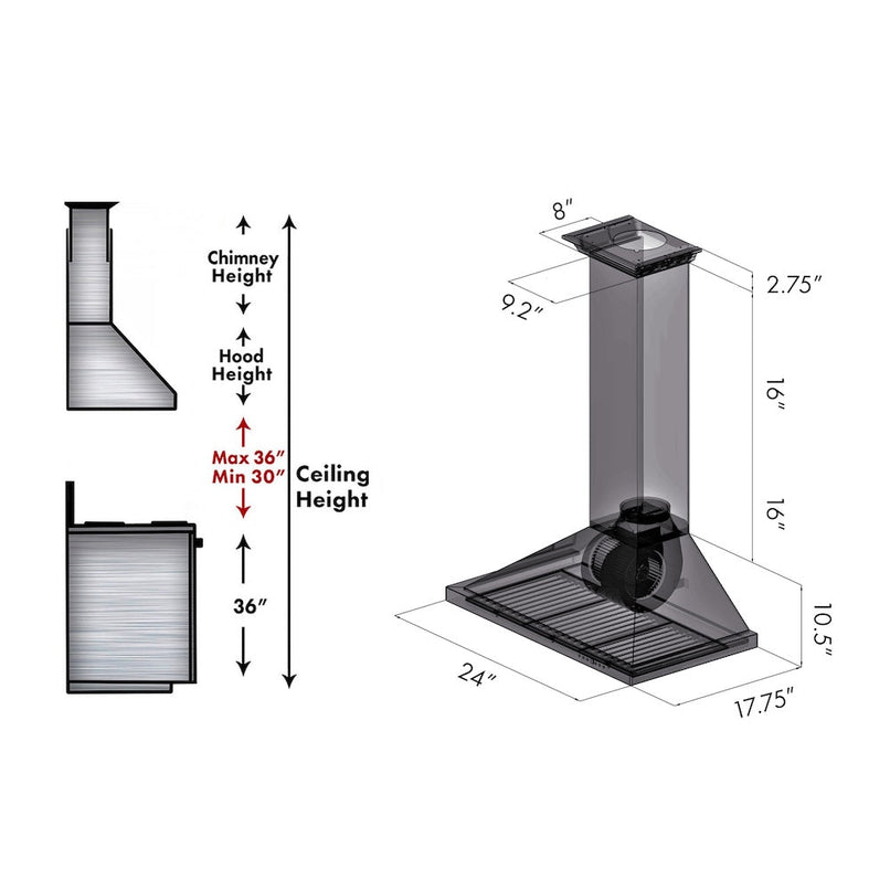 ZLINE 24 in. Convertible Vent Wall Mount Range Hood in Stainless Steel with Crown Molding (KBCRN-24) dimensional diagram.