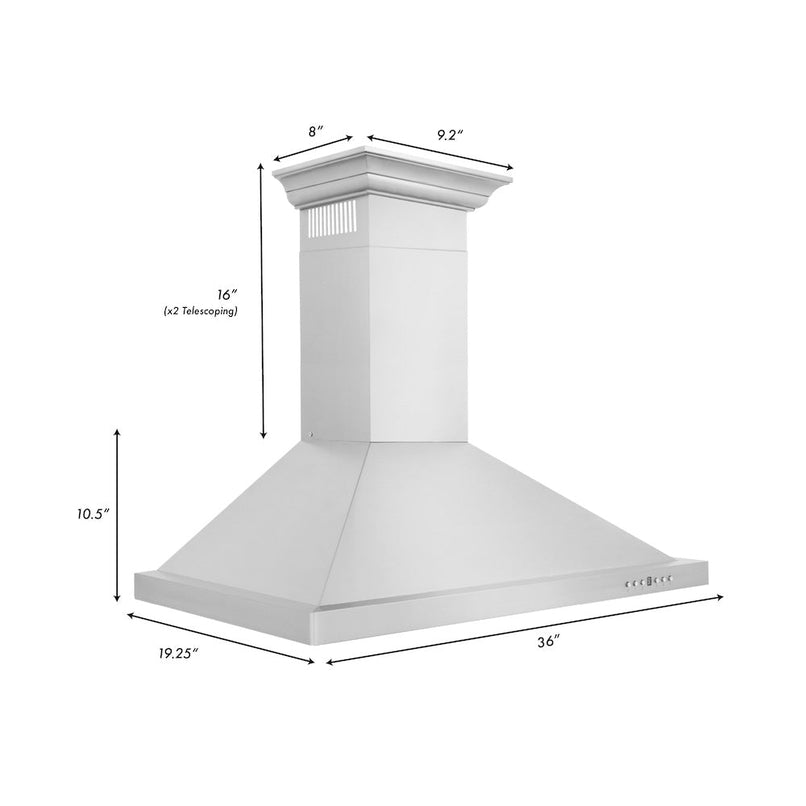 ZLINE 36 in. Convertible Vent Wall Mount Range Hood in Stainless Steel with Crown Molding (KBCRN-36) dimensional diagram.