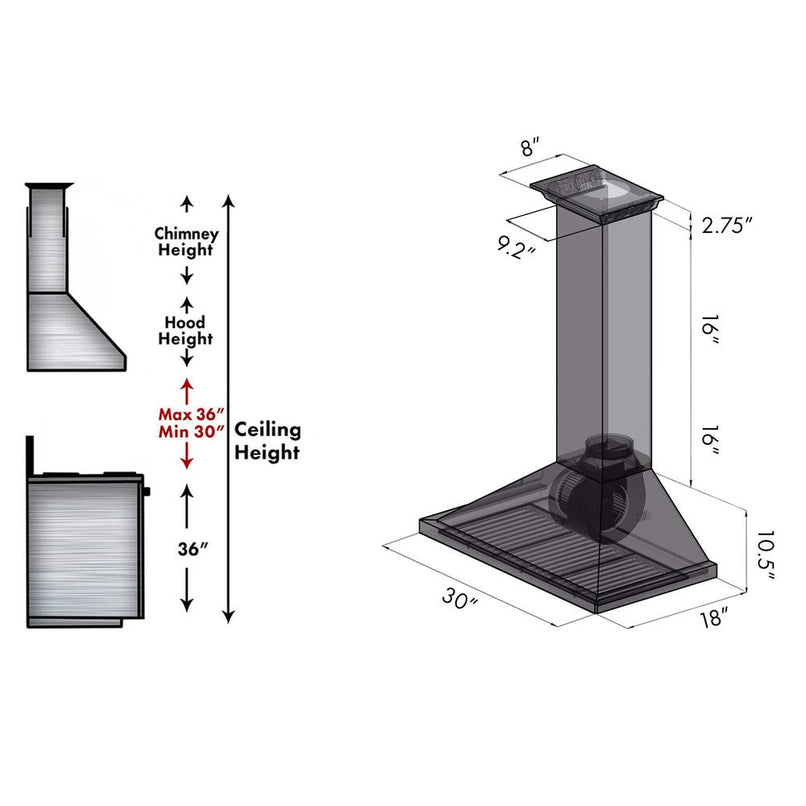ZLINE 30 in. CrownSound™ Ducted Vent Wall Mount Range Hood in Stainless Steel with Built-in Bluetooth Speakers (KBCRN-BT-30) dimensional diagram.