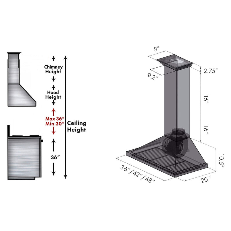 ZLINE 48 in. CrownSound™ Ducted Vent Wall Mount Range Hood in Stainless Steel with Built-in Bluetooth Speakers (KBCRN-BT-48) dimensional diagram.