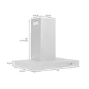 ZLINE 36 in. Convertible Vent Wall Mount Range Hood in Stainless Steel (KE-36) dimensional diagram.